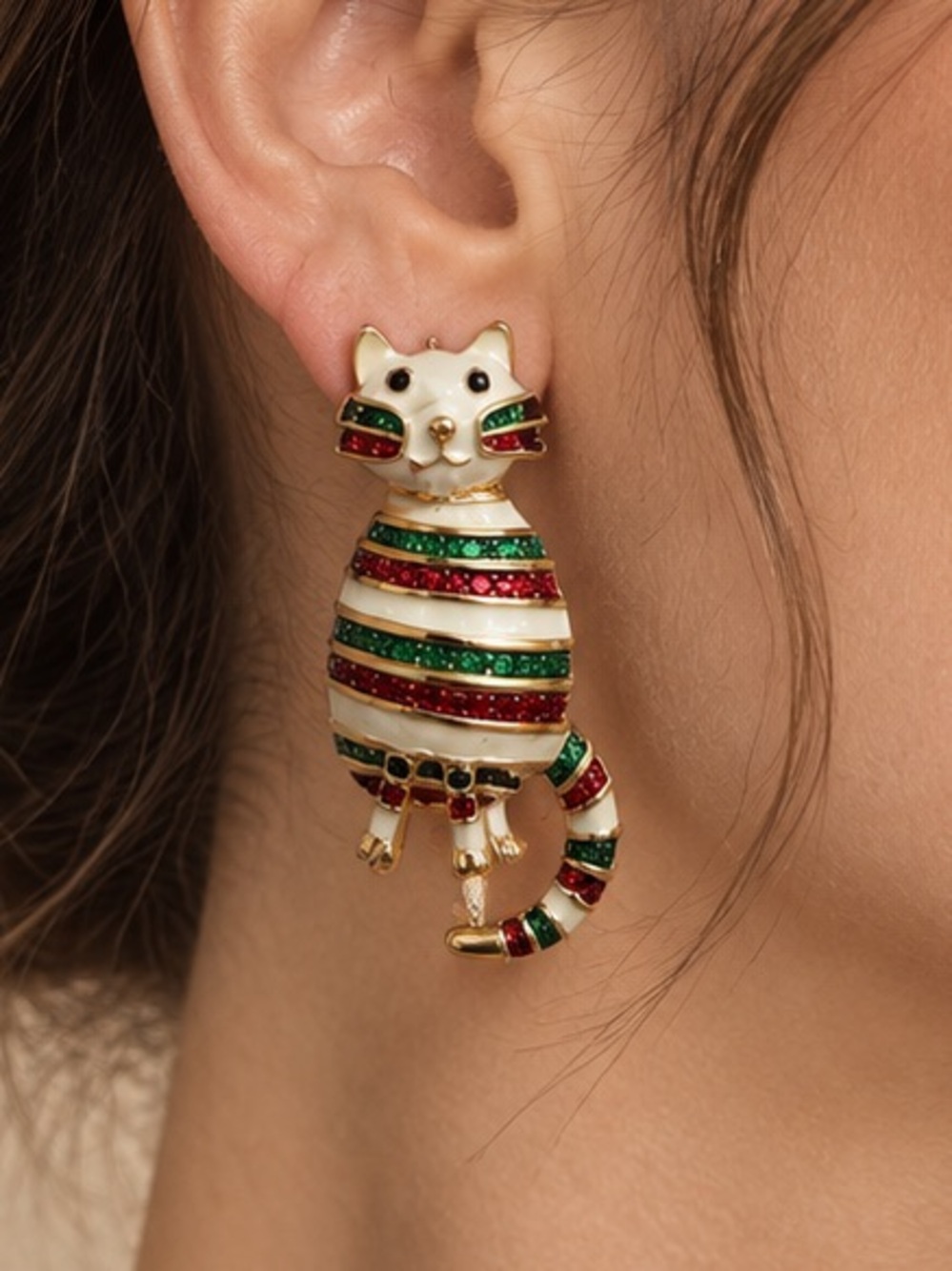 Festive Striped Cat Statement Earrings Christmas Holiday Jewelry